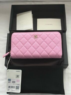 CHANEL Pink Quilted Zip-Around Long Wallet with CC Logo